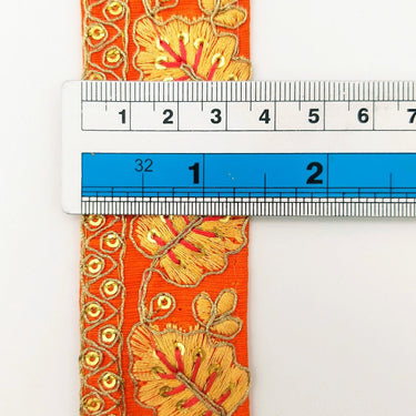 Orange Trim with Floral Embroidery Beige Embroidered Leaves Trim, Decorative Trim, Indian Border